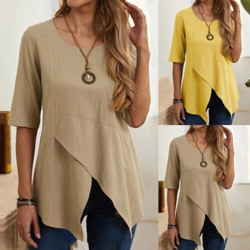 Half Sleeve Irregular Hem Casual T-shirt Quick Drying O Neck Solid Color Women Blouse Pullover Top
