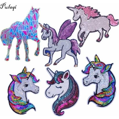 Pulaqi Cloth Sequins Patches For Clothing Unicorn Patch Sew on Patches For Clothes Sequin Applique Stripes On Clothes DIY H