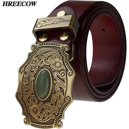 Top Cow genuine leather belts for men Copper buckle Tang Grass Grain Inlaid Jade Brass Plate Buckle Homme Making-replica Ancient