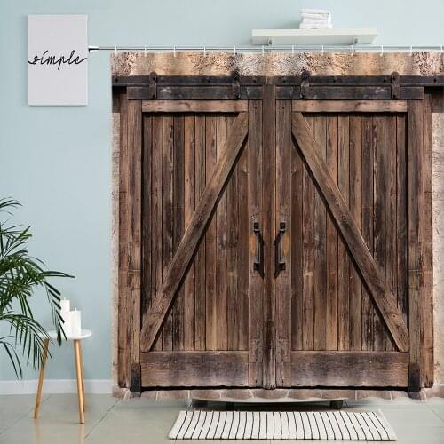 Retro Old Wooden Door Shower Curtain Geometric Art Design Farmhouse Barn Board Bathroom Wall Decor With Hook Waterproof Screen