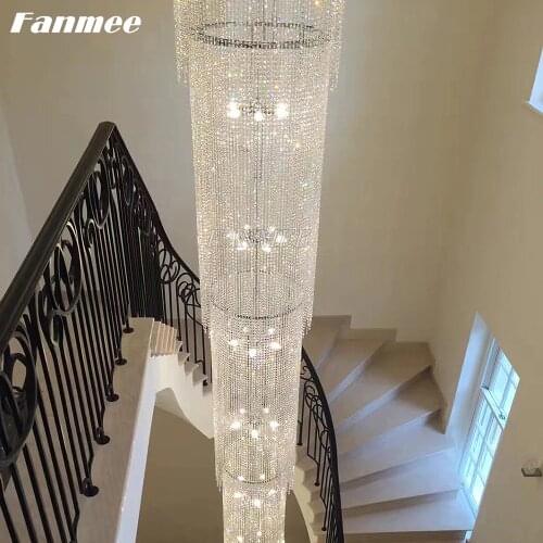 Long Clear Crystal Beads Modern Chandelier Light LED Art Deco Loft Staircase Ceiling Light Fixture Flush Mount Hanging Lamp