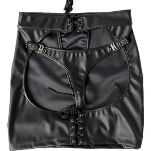 Black Faux PU Leather Lace-Up Open Bare Ass Hip Bondage Skirts Sexy Women Exotic Night Club Dance Clubwear Spanking Skirt
