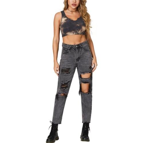 Women Summer Distressed Straight Leg Jeans High Waist Loose Denim Pants with Ripped Holes Gray