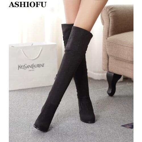 ASHIOFU New Handmade 2020 New Womens Thick Heels Boots Real Photos Large Size Knee-high Boots Evening Club Winter Fashion Boots
