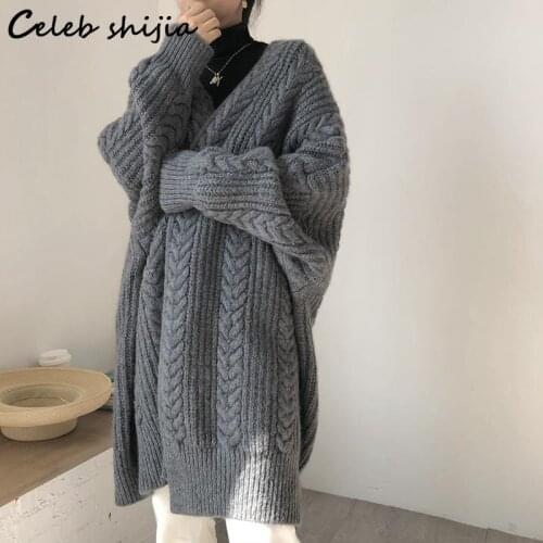 SHIJIA Gray Long Knitted Cardigan Woman Autumn Winter 2021 Oversized Jacket Twist Knitted Korean Loose Long-sleeve Sweater Coat