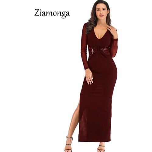 Ziamonga Side Split Fashion Sexy Women Dress Bodycon Slim Skinny V Neck Long Sleeve Dresses 2019 Sequined Mesh Long Party Dress