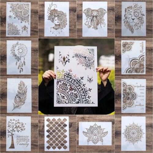 1pc A3 Size DIY Craft Layering Elephant Feather Bee Mandala Stencils for Walls Painting Airbrush Wall Art Canvas Wood Furniture