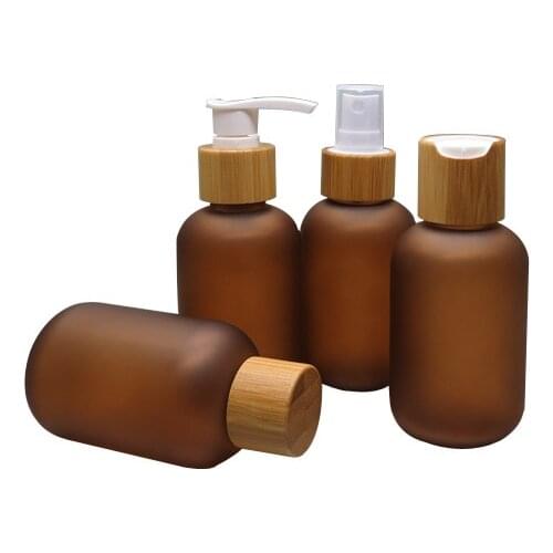 100pcs 120ml Amber Frosted Plastic Lotion Bottle with Bamboo Cap(Screw Lid/Pump Nozzle/Spray Atomizer/Chiaki Cover) Wholesale