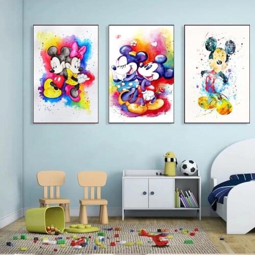 Watercolor Disney Mickey Mouse Canvas Painting Poster and Prints Cuadros Disney Princess Nursery Wall Art for Kids Room Decor