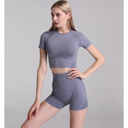 Seamless 2 Piece Yoga Set Short Sleeve Workout Clothes For Women Fitness Clothing Gym Shorts+Cropped Sport Shirt Sportswear