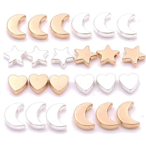 30Pcs 3 Style 2 Color Pentagram Moon Heart Hole Bead Spacer Natural Charms For DIY Necklace Bracelets Jewelry Handmade Making
