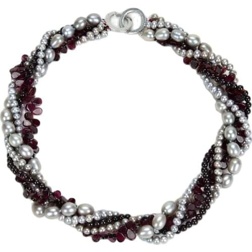 GG Jewelry 17" 5Strands Gray Rice Round Pearl Garnet Necklace