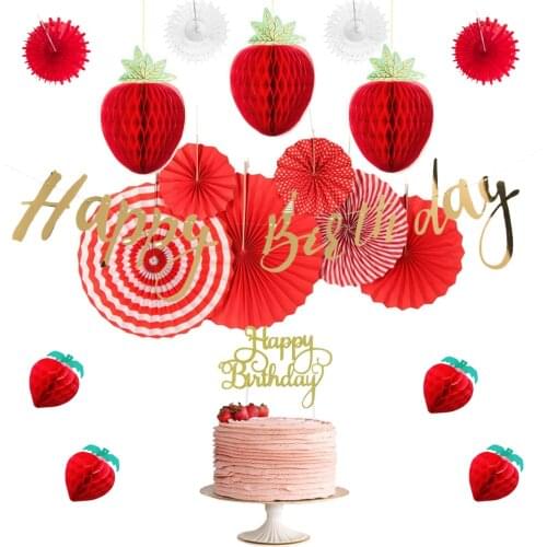 Strawberry Theme Birthday Party Decoration Set Honeycomb Strawberries Happy Birthday Banner Cake Topper Paper Fans Girl Home