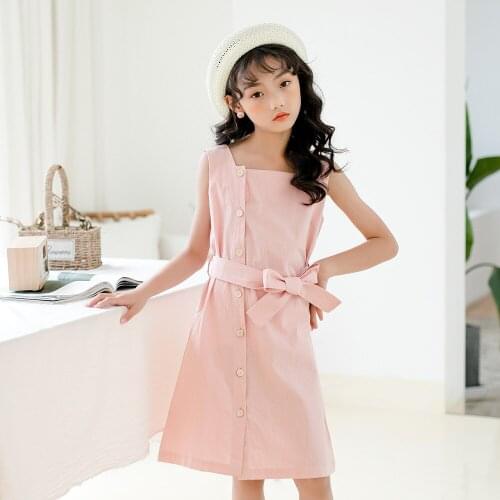 Summer Girl Suspender Dress Children Simple Casual Sleeveless Princess Dresses Kids Belt Bow Skirt