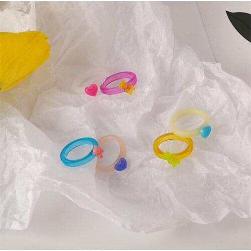 Cute Sweet Small Bear Heart Acrylic Ring For Women Girls Fashion Summer Acetic Acid Finger Jewelry Party Gifts 2 Pieces