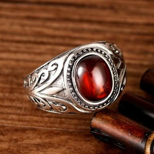 925 sterling silver ring black agate red garnet ancient rattan gem male ring