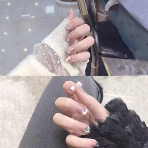 New Ins beautiful pure color with square-shaped diamond false nails french lady full nail tips Middle-long size full nail tips