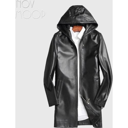 Novmoop genuine leather men middle length hooded trench coat soft smooth sheepskin smart casual Trench en cuir homme LT3369