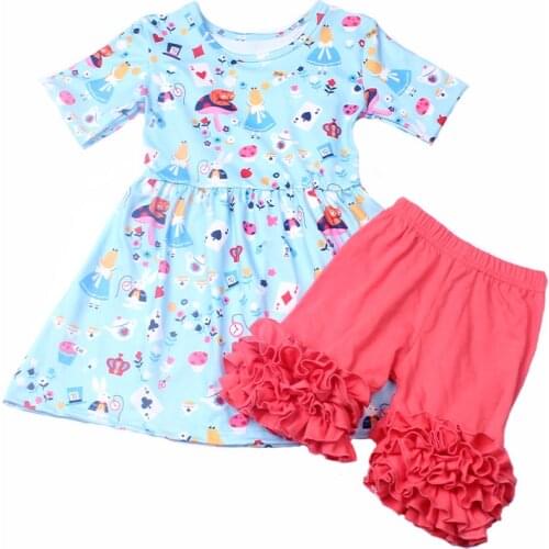 New Arrivals Baby Girls Clothes Blue Pink Outfits Boutique Princess Pattern Cotton Solid Ruffle Shorts Clothing Set Wholesales