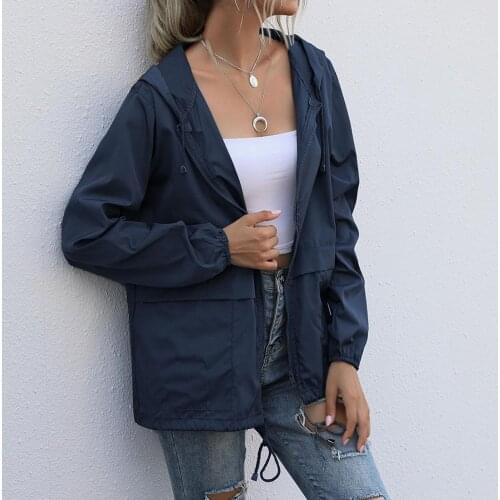 Solid Color Zipper Closure Hooded Jacket Thin Long Sleeve Windproof Women Jacket Female Clothing