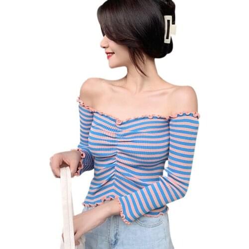Autumn Womens Fashion Slash Neck TShirt Striped Sexy Sweet Knitted Long Sleeve Tee Shirt