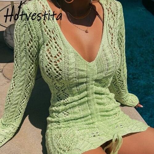Hotvestita Sexy See Through Knitted Dress V Neck Long Sleeve Drawstring Ruched Autumn Fashion Women Elegant Party Mini Dresses