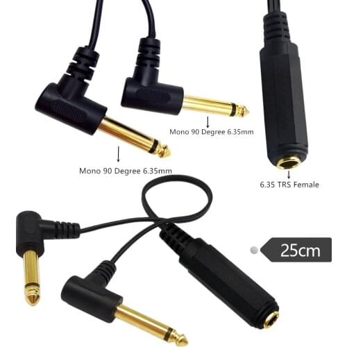 Gold Plated 6.35mm 14 Female TRS Stereo to Dual 2 x 6.35mm 14 Male TS Mono 90 Degree Right Angle Y Splitter Audio Cable 0.25m