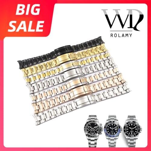 Rolamy 20mm Black Solid Curved End Screw Links Clasp 316L Steel Watch Band Bracelet For Rolex OYSTER Subamriner Daytona GMT