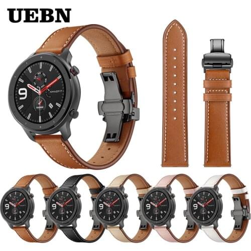 UEBN 20mm 22mm Leather Black Butterfly clasp Wrist Strap for Xiaomi huami amazfit GTR 42 47mm Bracelet amazfit bip GTS Watchband