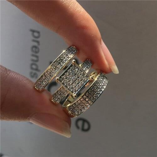 Luxury Fashion Female Crystal White Zircon Ring Set Yellow Gold Wedding Rings Bridal Sets Promise Engagement Rings For Women