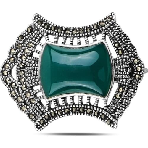 Silver 925 Sterling Natural Stone & Marcasite Gemstone Brooch