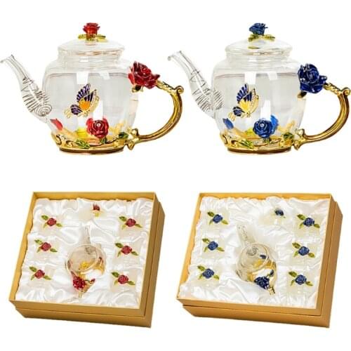 Glass Teapot - Enamel Rose Flower Butterfly Decoration Heat Resistant Glass Tea M68E