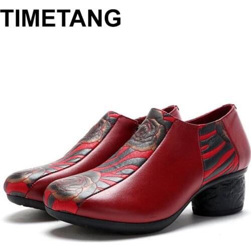 TIMETANGSpring High Heels Women Genuine Leather Work Shoes Woman Thick Heels Pumps Casual Women Shoes