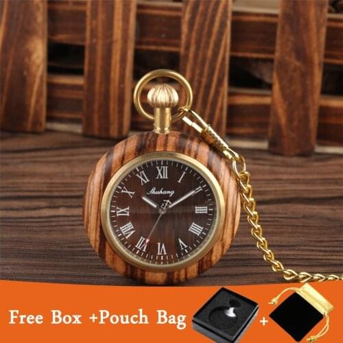 Vintage Open Face Roman Numerals Display Quartz Pocket Watch Wooden Case Luxury Pendant Steampunk Clock with Golden 30 cm Chain