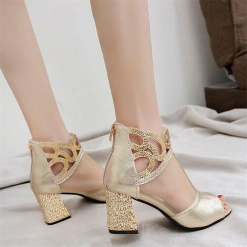 Peep Toe Openwork Mesh High heels sandals women 2019 summer shoes women Elegant Mother Diamond Bling Square heel female shoes