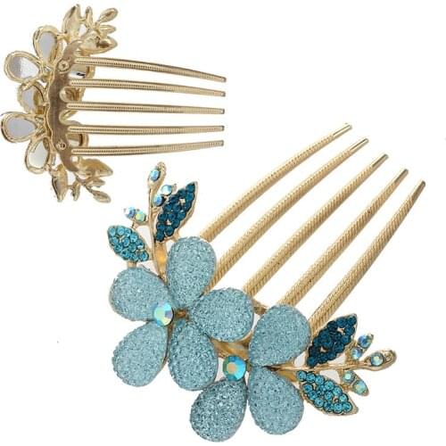 Womens Floral Design Alloy Rhinestone Crystal Hair Clip Comb (Blue)