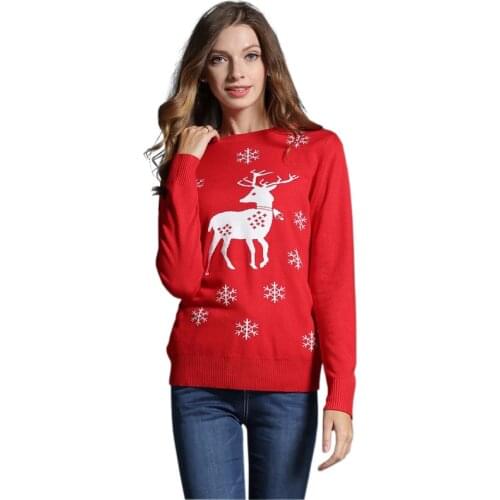Womens Christmas Sweater Pullover New Year Cute Girls Reindeer/Snowman Pattern Embroidery Knitted Party Casual Jumper