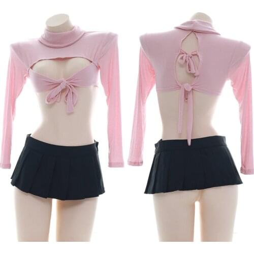 Women Open Chest Hollow out Bandage Sweater Suit High Collar Sleepwear Sexy Homewear Pajamas Nightdress Pleated skirt Cosplay