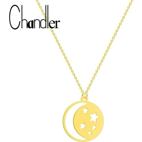 Chandler Crescent Moon Star Necklace Stainless Steel Jewelry Female Round Pendant Necklaces Women Boho Minimalist Thin Chain