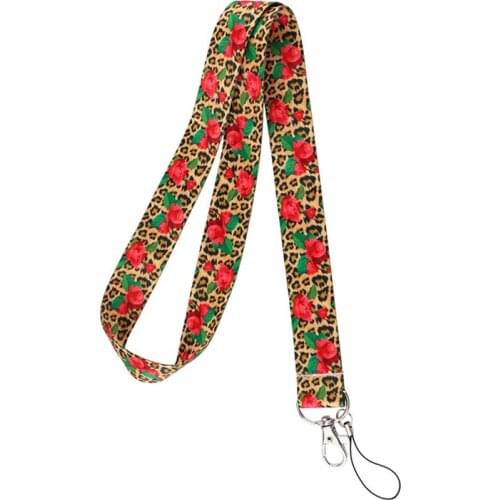10pcs Leopard Rose Flowers Lanyard Keys Phone Holder Funny Neck Strap With Keyring ID Card DIY Animal webbings ribbons Hang Rope