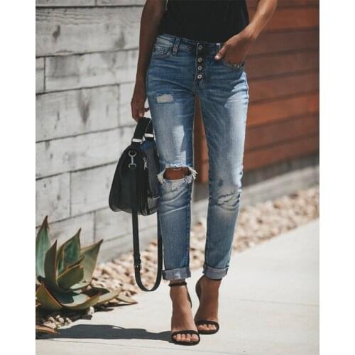 2020 New Spring Fashion Hole Ripped Jeans Women Cotton Denim Slim Elasticity Skinny Pants High Waist Casual Vintage Jeans Femme