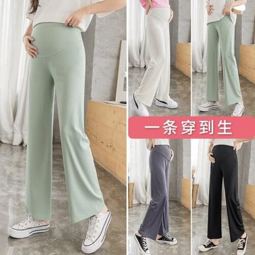 209# Summer Thin Ice Feel Maternity Long Pants Wide Leg Loose Elastic Waist Belly Clothes for Pregnant Women Casual Pregnancy
