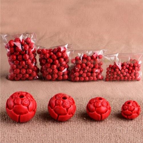5pcs/lot Pretty Engraved Round Lotus Cinnabar Beads 8mm 10mm 12mm 14mm Decorative Charm Spacer Beads DIY Jewelry Making Findings