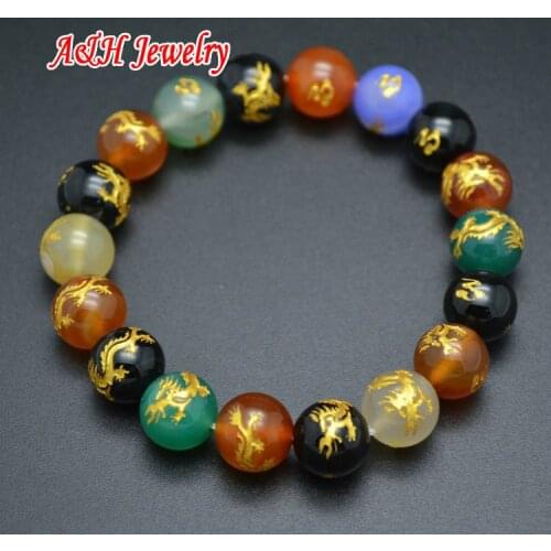5pcs Chinese Dragon Carved Colorful Stone 10mm Round Beads Gold Color Strand Bracelets Fashion Women Lucky Jewelry