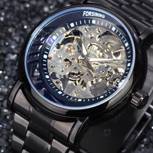 FORSINING Top Brand Men Self-wind Automatic Watches Full Stainless Steel Mechanical Skeleton Watch Black Clock Relogio Masculino