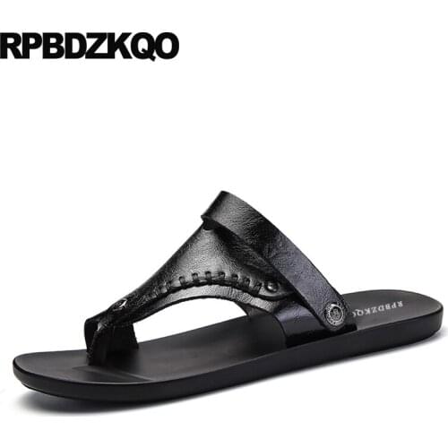 Slippers Toe Loop Casual Outdoor Beach Waterproof Slides Black Men Sandals Leather Summer Fashion Soft Flip Flop Slip On Shoes