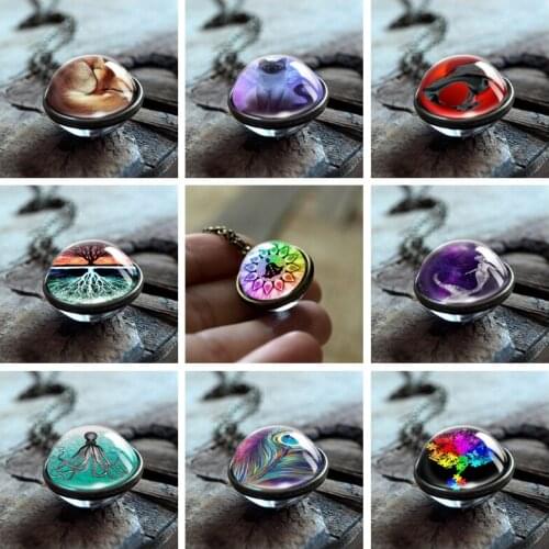 Owl Fox Pattern Double Side Glass Cabochon Pendant Necklace Bronze Zinc Alloy Necklace Charm Jewelry for Women Girl