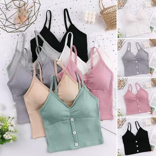 Hot Womens Casual V Neck Ribbed Knit Front Crop Cami Top with Soft Replacement Pad Sleeveless