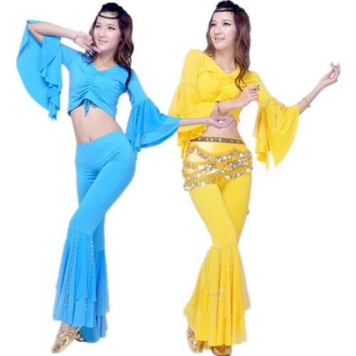 Belly dance set indian dance leotard long-sleeve beaded set table costume Top&Pants&Belt 8 colors