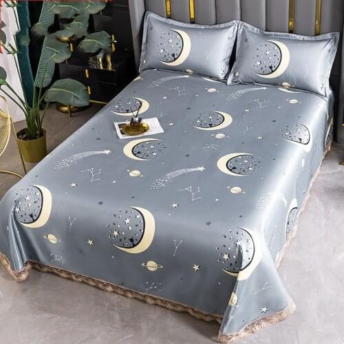 Star And Moon Pattern Printed Ice Silk Mat + Pillowcase, With Lace, Machine Washable, Foldable, 1.5/1.8/2.0M Single Double Bed